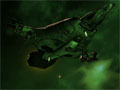 Heavy corvette against a green nebula
